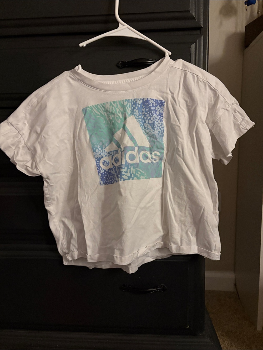 adidas White Short Sleeve Tee with Aqua-Blue Graphic